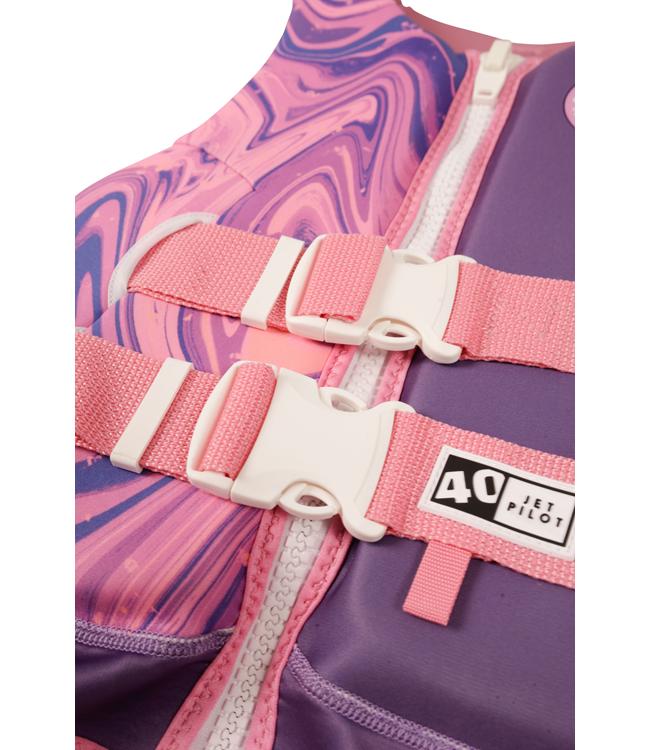 Jetpilot Cause Purple Girls Life Vest detail of side zip closure and adjustable chest fit