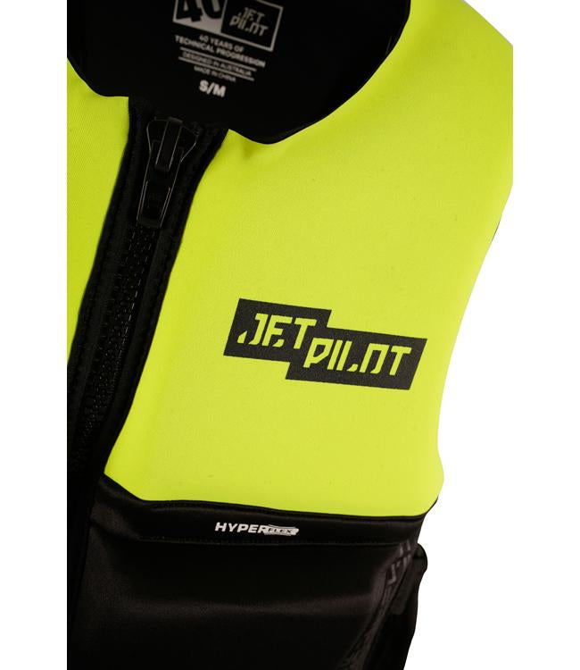 Jetpilot 3SXTY Hyperflex Yellow Unisex Life Vest detail of zip closure and side cinch system