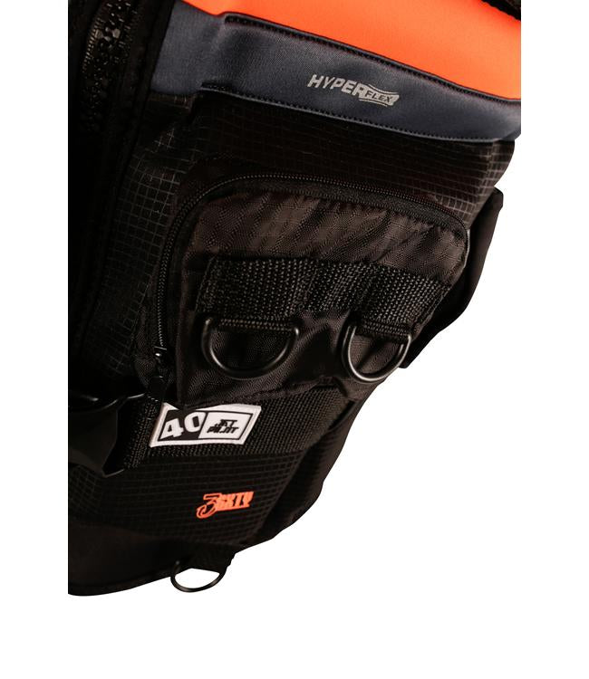 Jetpilot 3SXTY Venture Eco Orange Unisex Life Vest on-water action shot showing flex panels