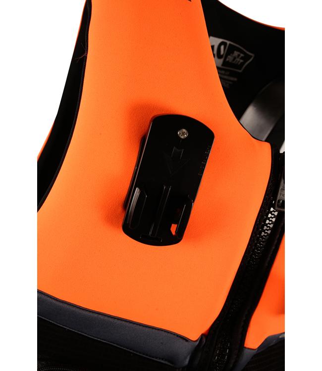 Jetpilot 3SXTY Venture Eco Orange Unisex Life Vest worn lifestyle shot of rider near water