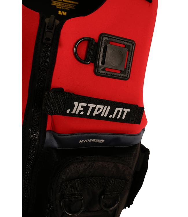 Jetpilot 3SXTY Venture Eco Red Unisex Life Vest worn lifestyle shot near boat dock