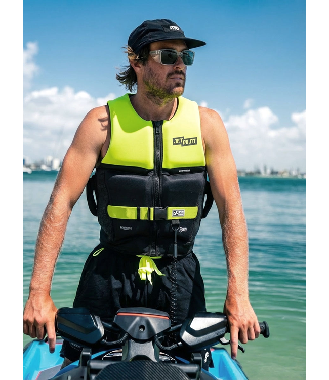Jetpilot 3SXTY Hyperflex Yellow Unisex Life Vest close detail of front panel and pocket layout