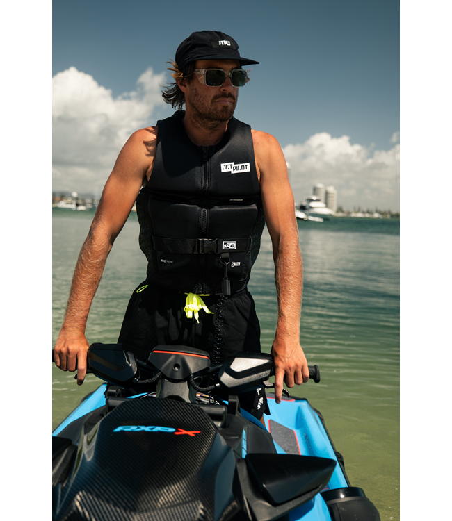 Jetpilot 3SXTY Hyperflex Black Unisex Life Vest close detail of side cinch adjustment system