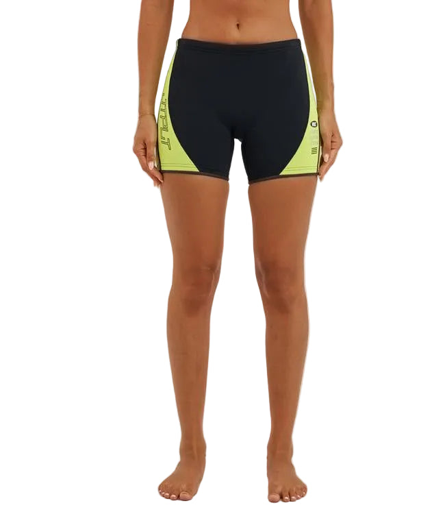Jetpilot Vault Black Ladies Neo Shorts front view 360 Stretch Limestone neoprene race shorts