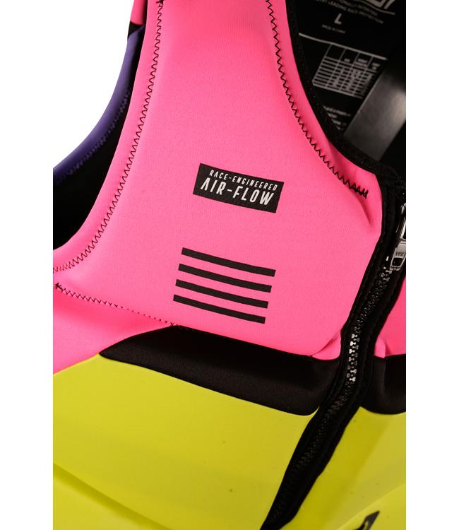 Jetpilot RX Vault Protech Pink/Yellow Mens Life Vest detail of zip and chest rib reinforcement