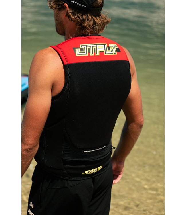 Jetpilot RX Vault Protech Red Mens Life Vest worn lifestyle shot showing rider on PWC