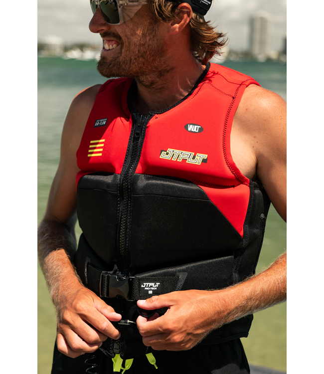 Jetpilot RX Vault Protech Red Mens Life Vest on-water PWC action shot showing rib protection