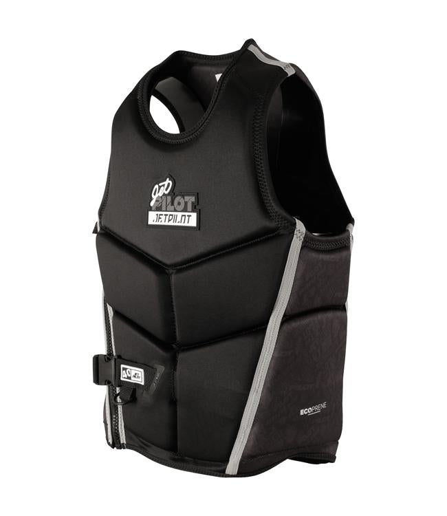 Jetpilot Nighthawk Black Mens Life Vest back view with segmented neoprene panels for wakeboarding