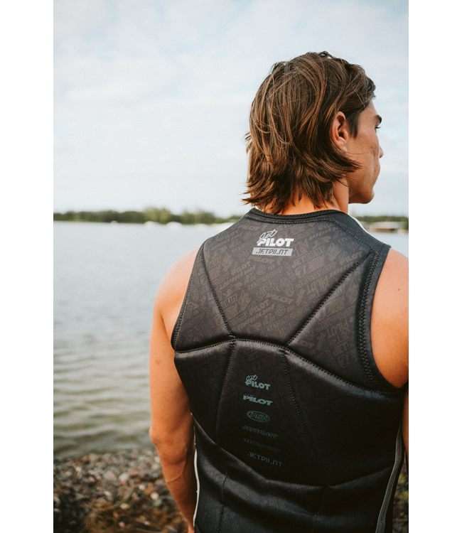 Jetpilot Nighthawk Black Mens Life Vest signature edition rider portrait showing panel detail