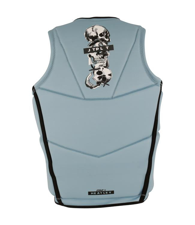 Jetpilot X Heatley Steel Blue Mens Life Vest side profile showing Heatley signature artwork panels