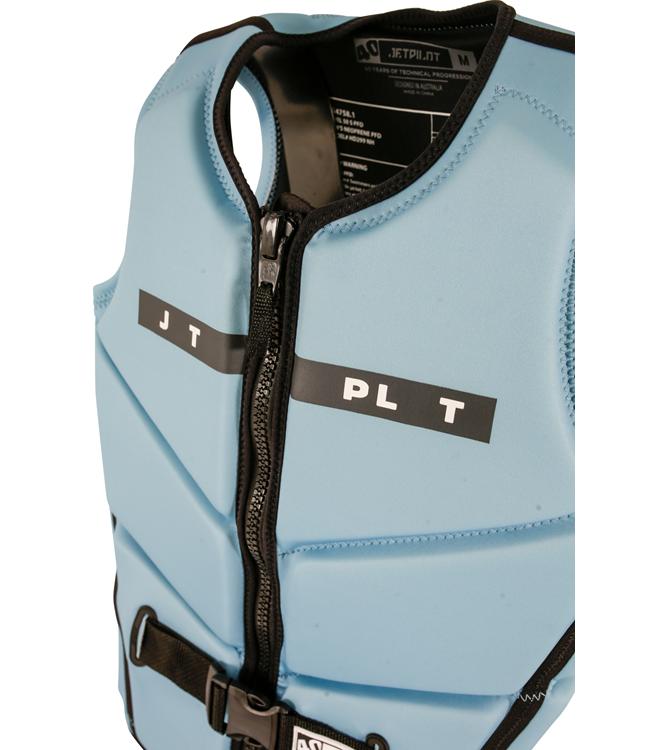 Jetpilot X Heatley Steel Blue Mens Life Vest close detail of side zip entry and panel construction
