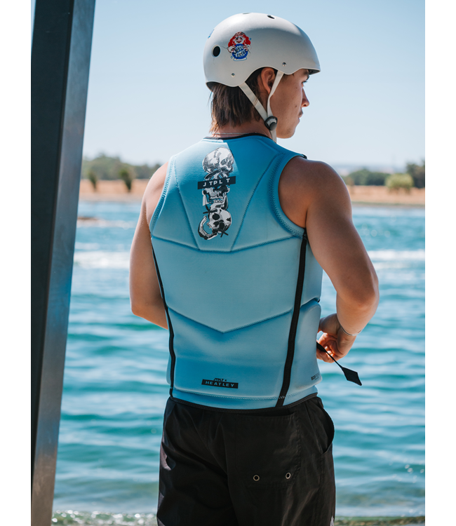 Jetpilot X Heatley Steel Blue Mens Life Vest lifestyle portrait showing Heatley signature artwork