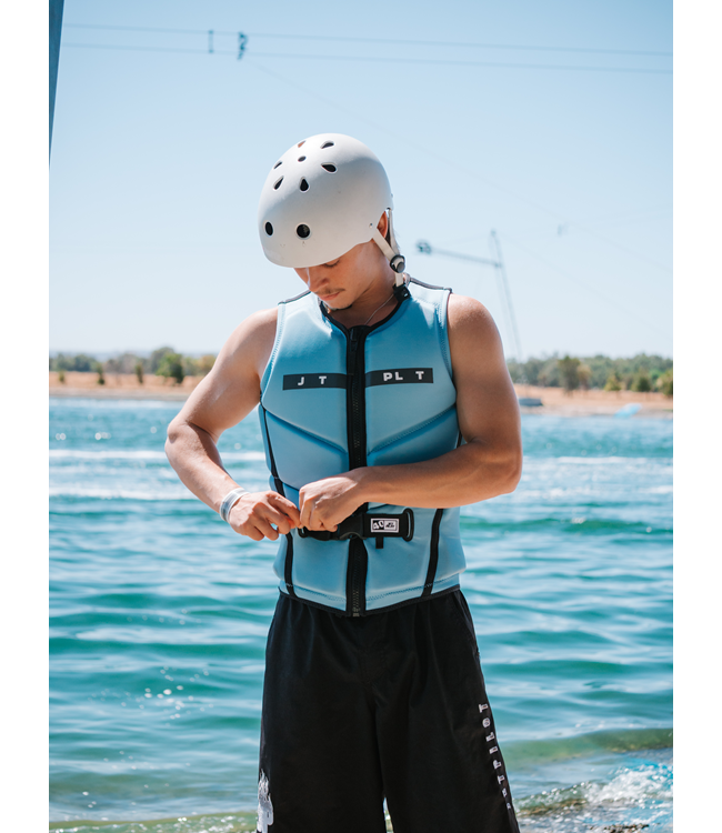 Jetpilot X Heatley Steel Blue Mens Life Vest worn lifestyle shot showing artist print on chest