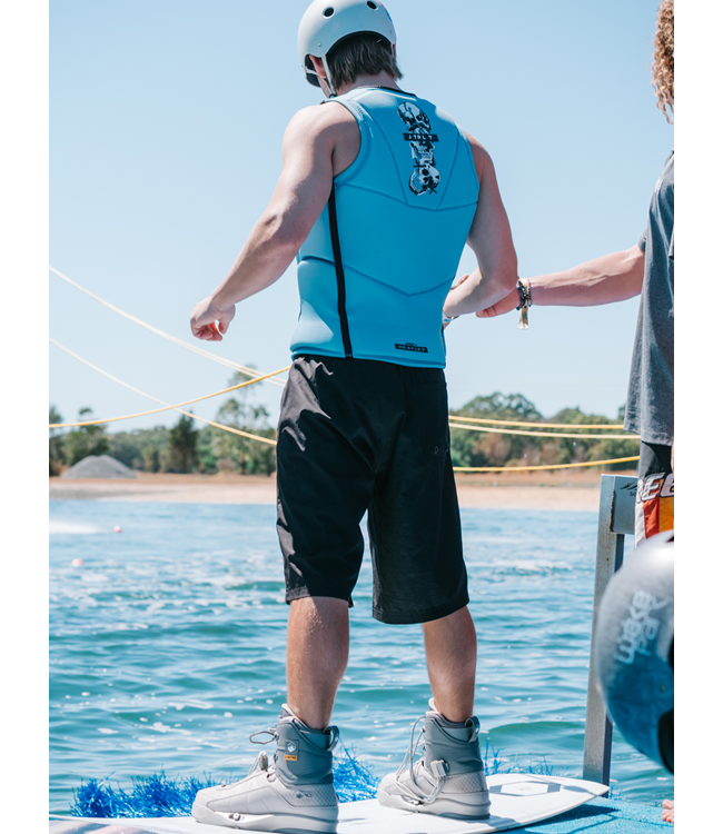 Jetpilot X Heatley Steel Blue Mens Life Vest rider portrait with collaboration artwork visible