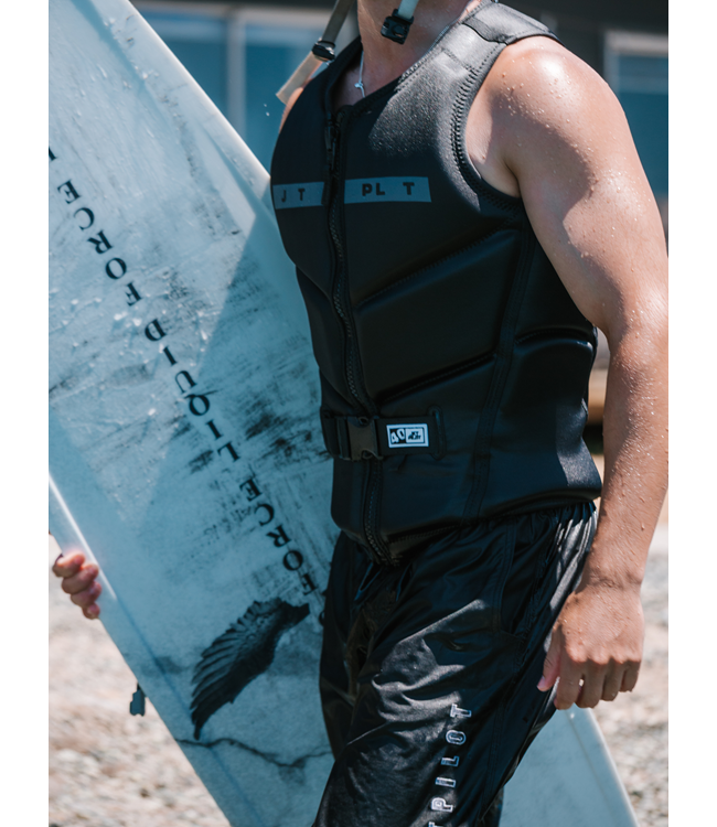 Jetpilot X Heatley Black Mens Life Vest rider portrait with Heatley signature artwork visible