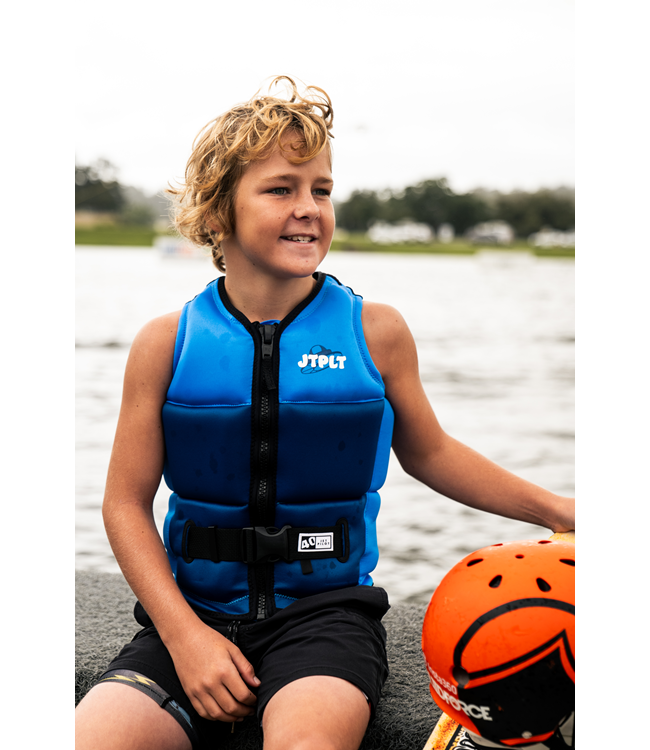 Jetpilot Freeride Blue Boys Life Vest young rider close-up showing collar and zip detail