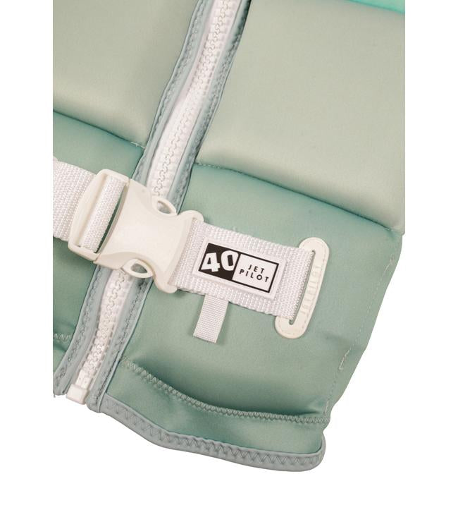 Jetpilot Freeride Teal Girls Life Vest detail of side zip entry and chest panel construction