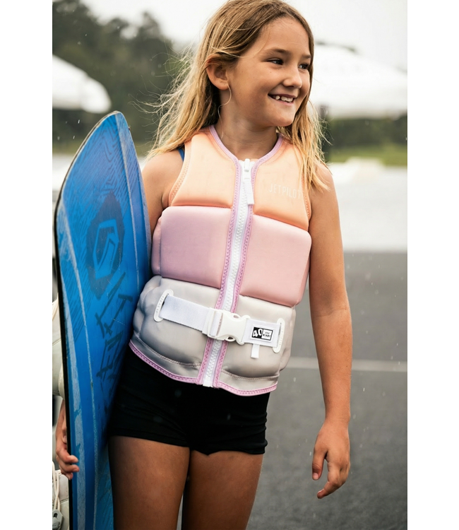 Jetpilot Freeride Pink Girls Life Vest young female rider portrait showing torso vest profile