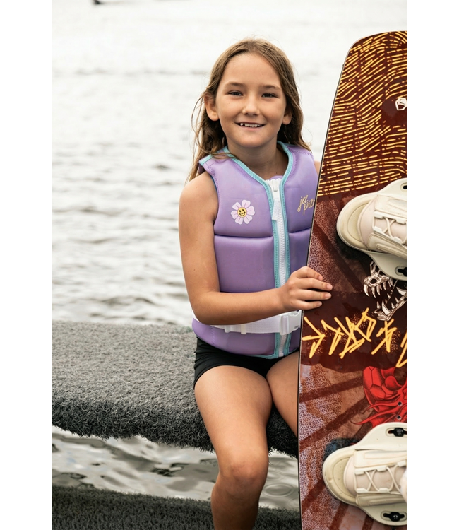 Jetpilot Freeride Purple Girls Life Vest worn close shot showing fit through chest panel