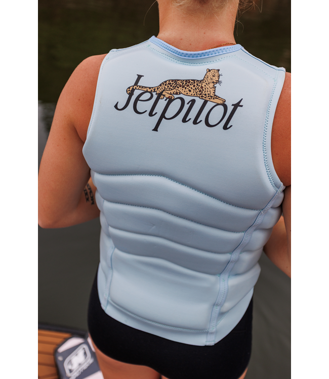 Jetpilot Zahra X1 Ice Blue Womens Life Vest female rider portrait showing fit through torso