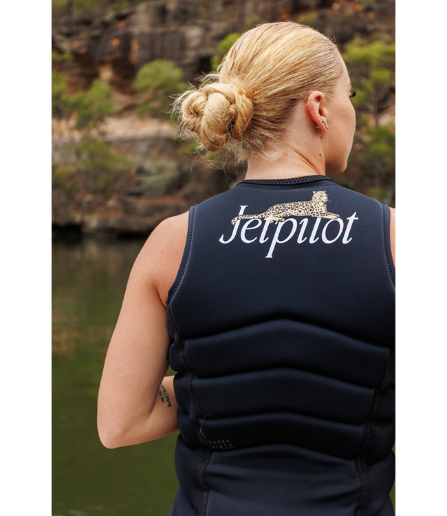 Jetpilot Zahra X1 Black Womens Life Vest female rider portrait showing torso vest fit