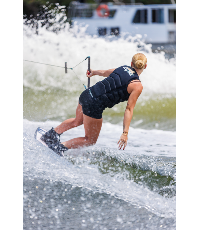 Jetpilot Zahra X1 Black Womens Life Vest rider lifestyle close-up showing panel articulation