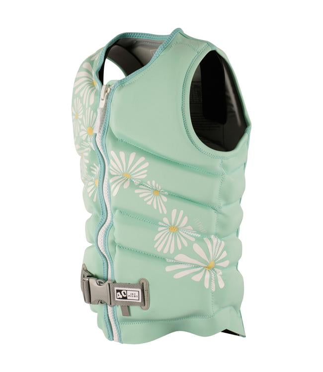 Jetpilot Isla X1 Teal Ladies Life Vest back view with sculpted stretch neoprene panels for women