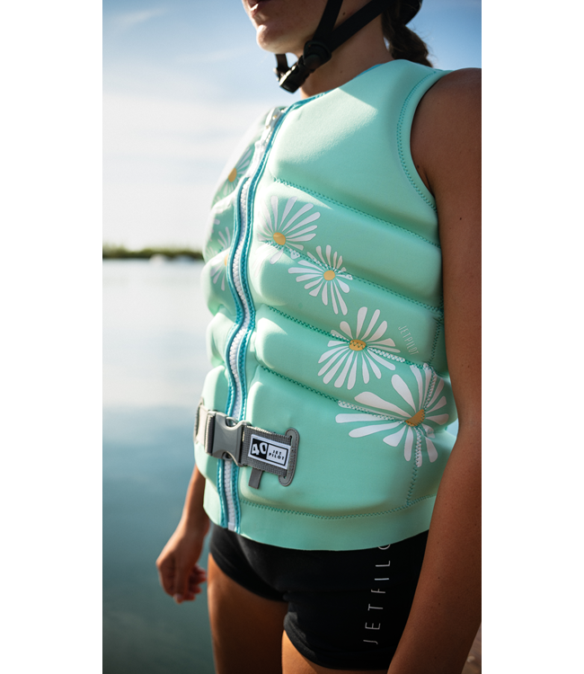 Jetpilot Isla X1 Teal Ladies Life Vest female rider portrait showing fit through torso