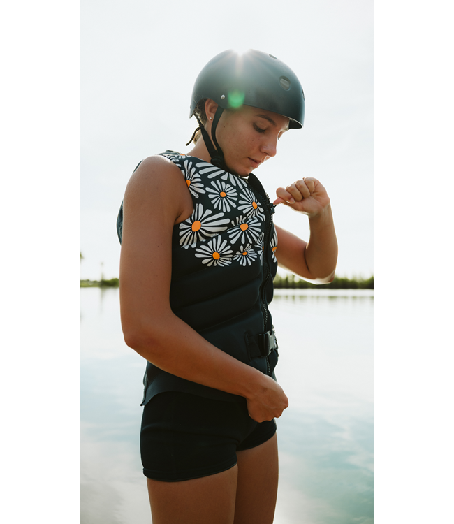 Jetpilot Isla X1 Charcoal Womens Life Vest female rider portrait showing torso vest fit