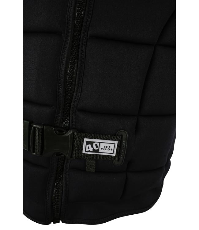 Jetpilot Aurora Black Womens Life Vest detail of front zip closure and Ecoprene panel seams