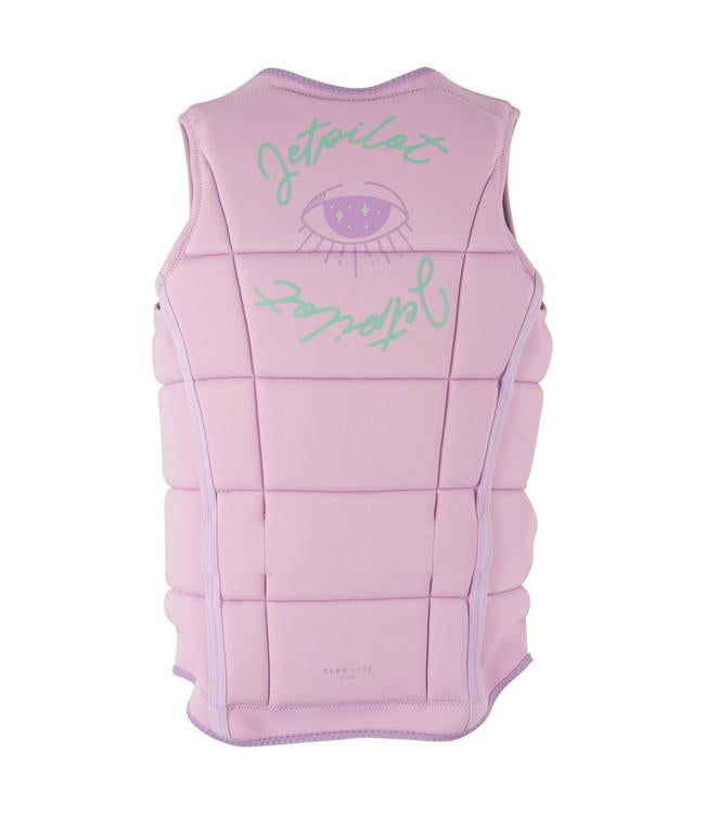 Jetpilot Aurora Purple Womens Life Vest back view with sculpted Ecoprene panels for female riders