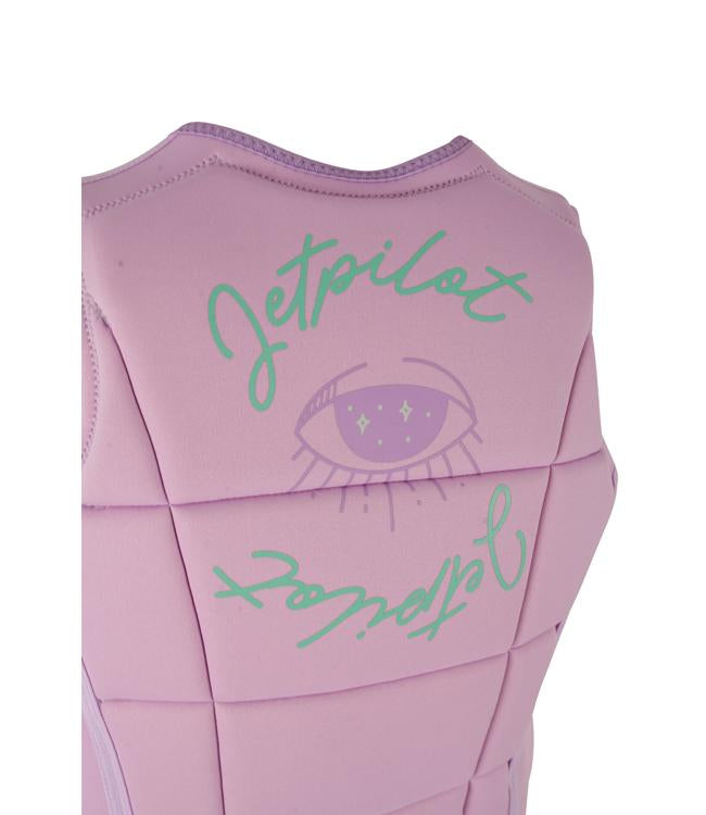 Jetpilot Aurora Purple Womens Life Vest detail of front zip and Ecoprene panel articulation