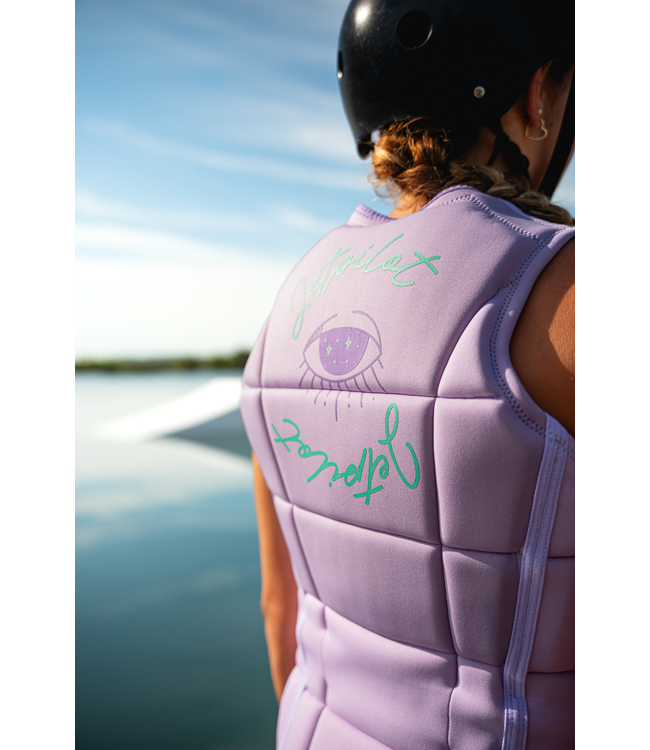 Jetpilot Aurora Purple Womens Life Vest female rider portrait showing torso vest profile