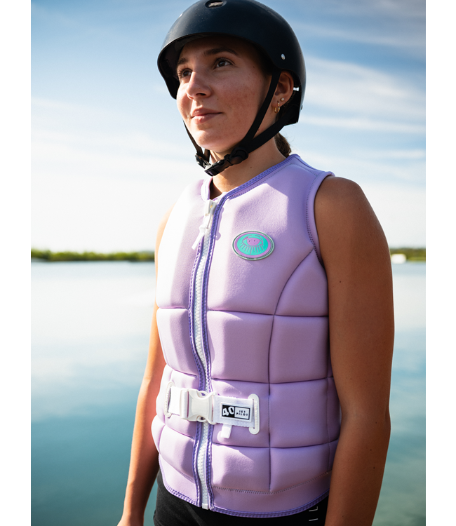 Jetpilot Aurora Purple Womens Life Vest on-water wakeboard action shot showing panel flex