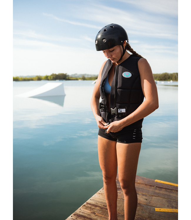 Jetpilot Aurora Black Womens Life Vest female rider portrait showing torso vest profile