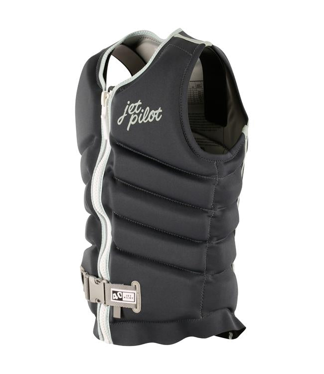 Jetpilot Pacer X1 Charcoal Womens Life Vest back view with sculpted stretch neoprene panels