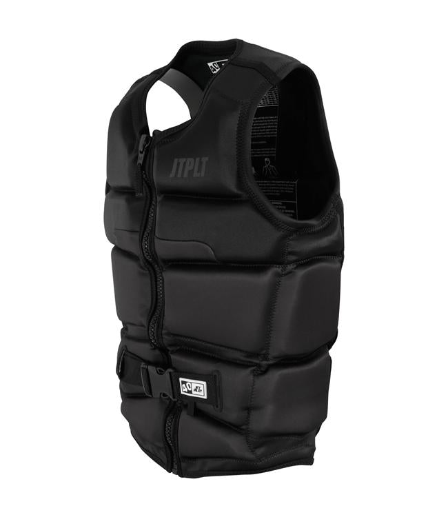 Jetpilot C4 Black Mens Life Vest back view with segmented Ecoprene panels for wakeboarders