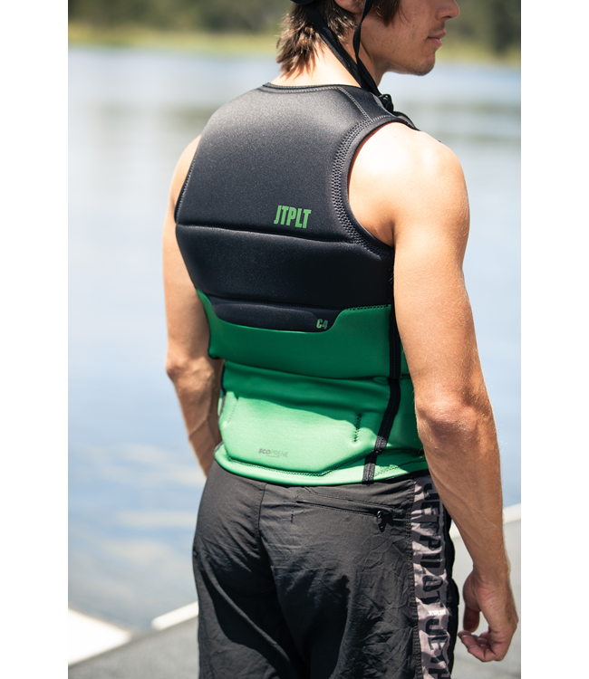 Jetpilot C4 Army Mens Life Vest worn rider lifestyle shot showing wakeboard vest profile