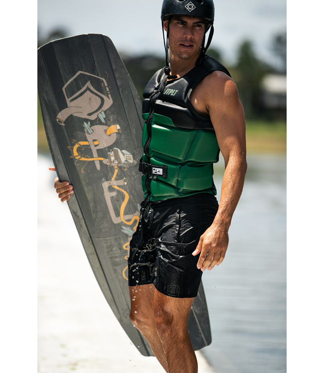 Jetpilot C4 Army Mens Life Vest close detail of Ecoprene panel seam and front zip stitching