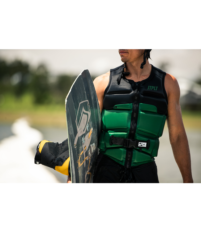 Jetpilot C4 Army Mens Life Vest on-water wakeboard ride showing vest articulation in motion