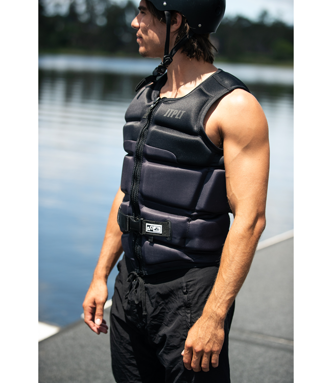 Jetpilot C4 Black Mens Life Vest detail of front zip closure and Ecoprene panel construction