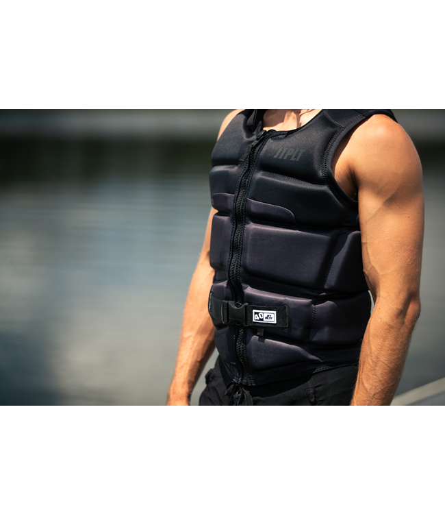 Jetpilot C4 Black Mens Life Vest close detail of chest panel and Ecoprene seam articulation