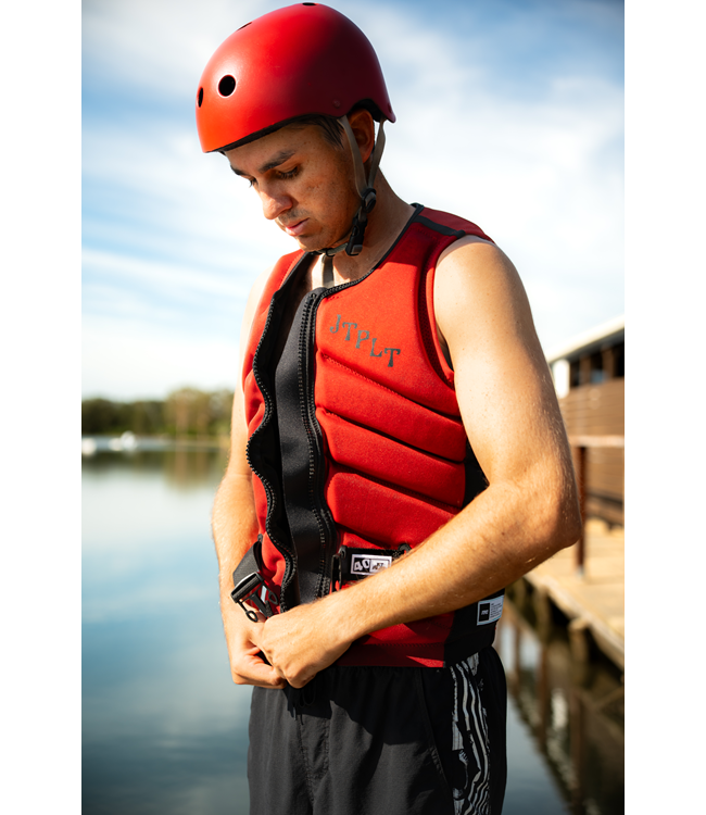 Jetpilot Busty X1 Dark Red Mens Life Vest Sunn signature on-water wakeboarding action shot