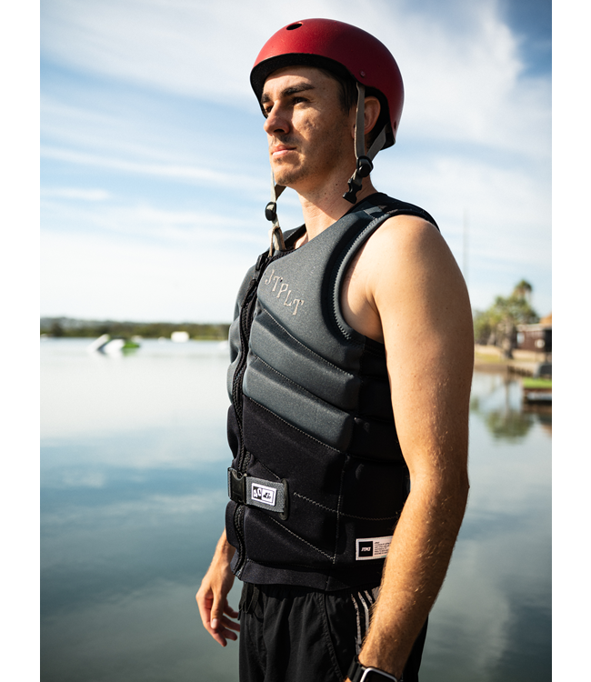 Jetpilot Busty X1 Black Mens Life Vest Sunn signature rider profile showing torso flex
