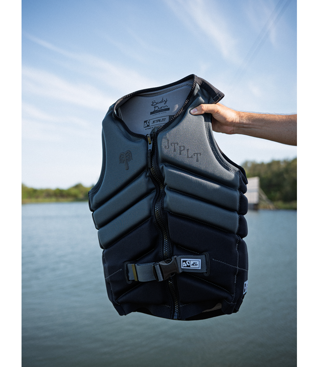 Jetpilot Busty X1 Black Mens Life Vest Sunn signature on-water wakeboard riding action