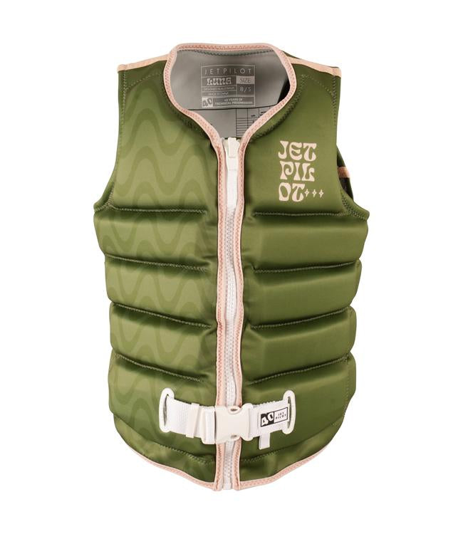 Jetpilot Luna X1 Olive Ladies Life Vest front view L50S PFD 3 certified stretch neoprene wakeboard