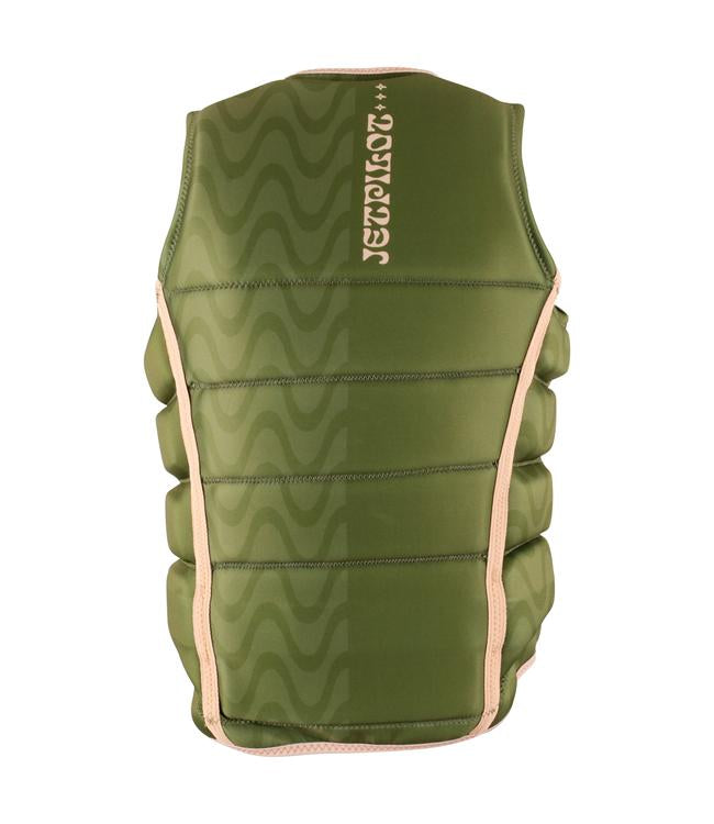 Jetpilot Luna X1 Olive Ladies Life Vest back view with sculpted neoprene panels for female riders