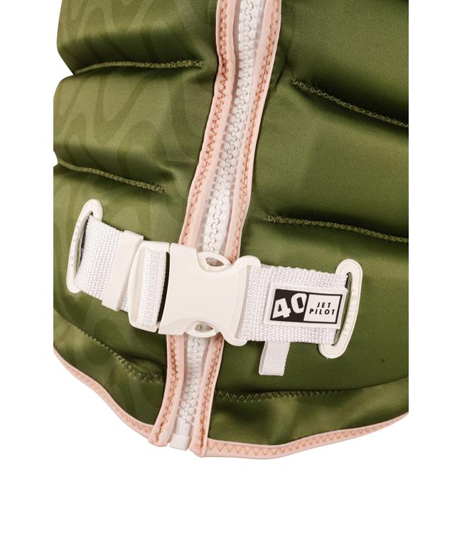 Jetpilot Luna X1 Olive Ladies Life Vest detail of side zip entry and panel articulation