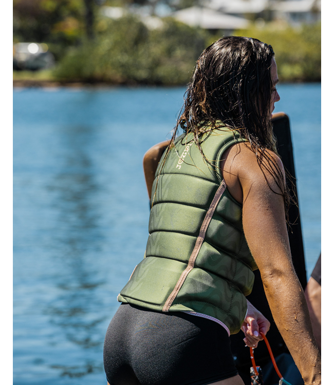 Jetpilot Luna X1 Olive Ladies Life Vest female rider portrait showing fit through torso