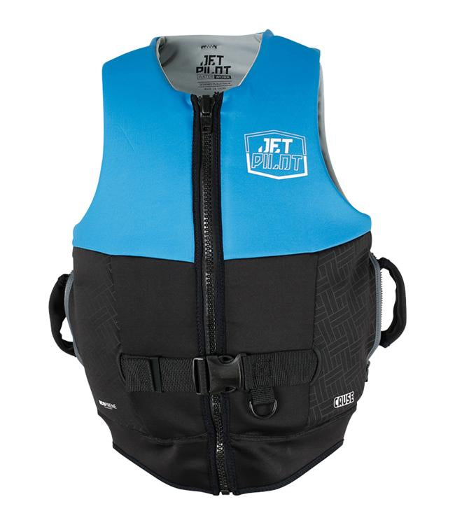 Jetpilot Cause Blue Mens Life Vest back view with S-Grip rubberised shoulder panels for tow rope